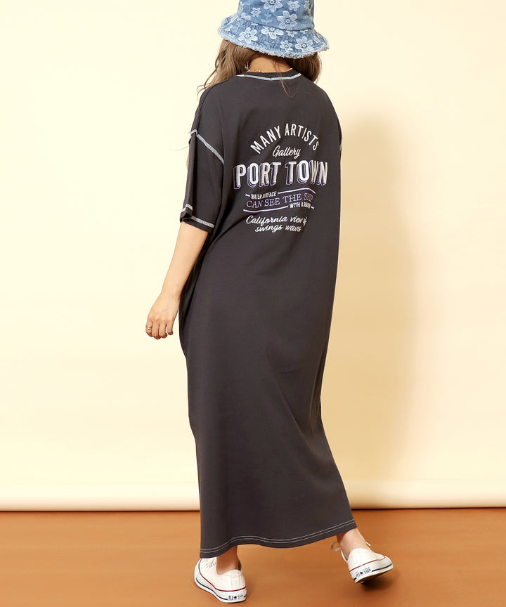 配色ステッチ ロゴ 半袖 マキシ ロング Tシャツ ワンピース 857-5932