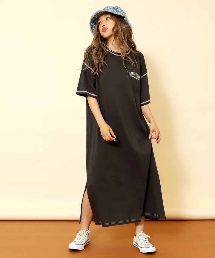 配色ステッチ ロゴ 半袖 マキシ ロング Tシャツ ワンピース 857-5932