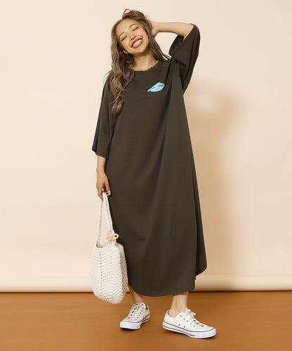 ラグラン サークル ロゴ ビッグ マキシ 5分袖 Tシャツワンピース 857-5952