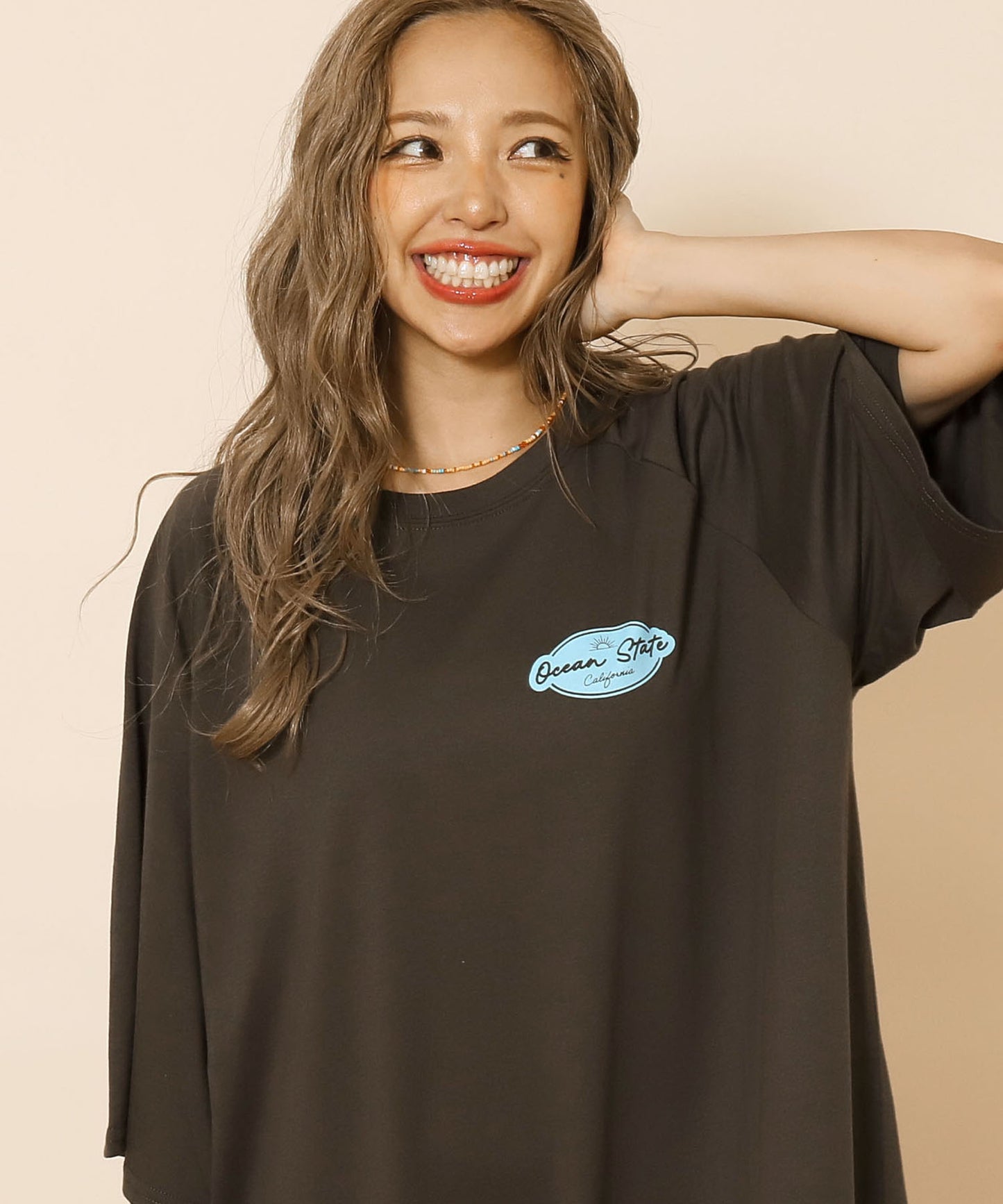ラグラン サークル ロゴ ビッグ マキシ 5分袖 Tシャツワンピース 857-5952