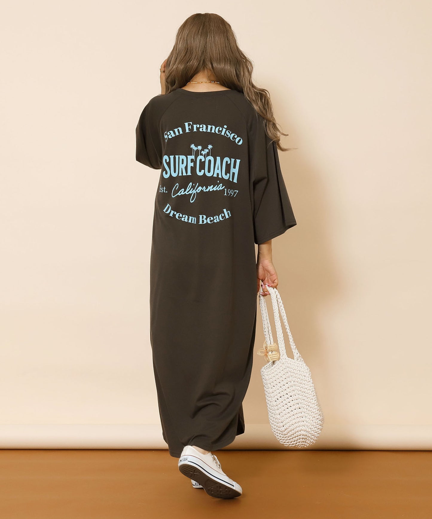 ラグラン サークル ロゴ ビッグ マキシ 5分袖 Tシャツワンピース 857-5952