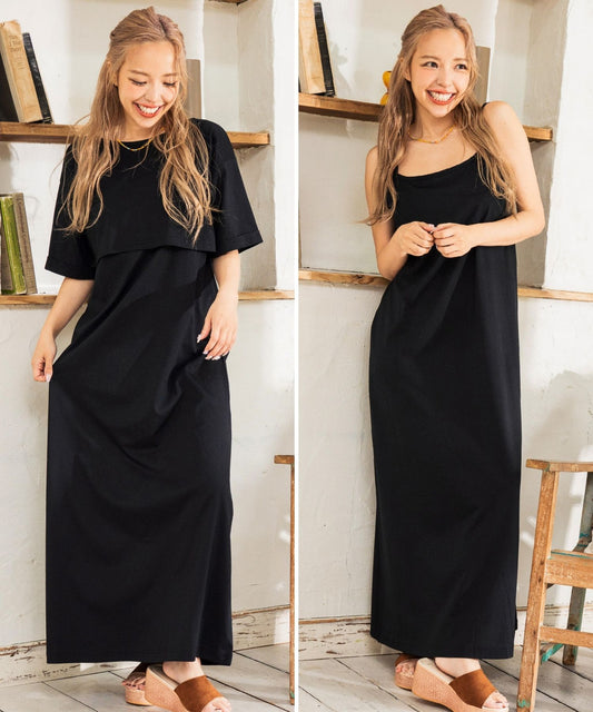 【セット】バックオープン ショート丈 Tシャツ & キャミソール ワンピース セット 857-5971