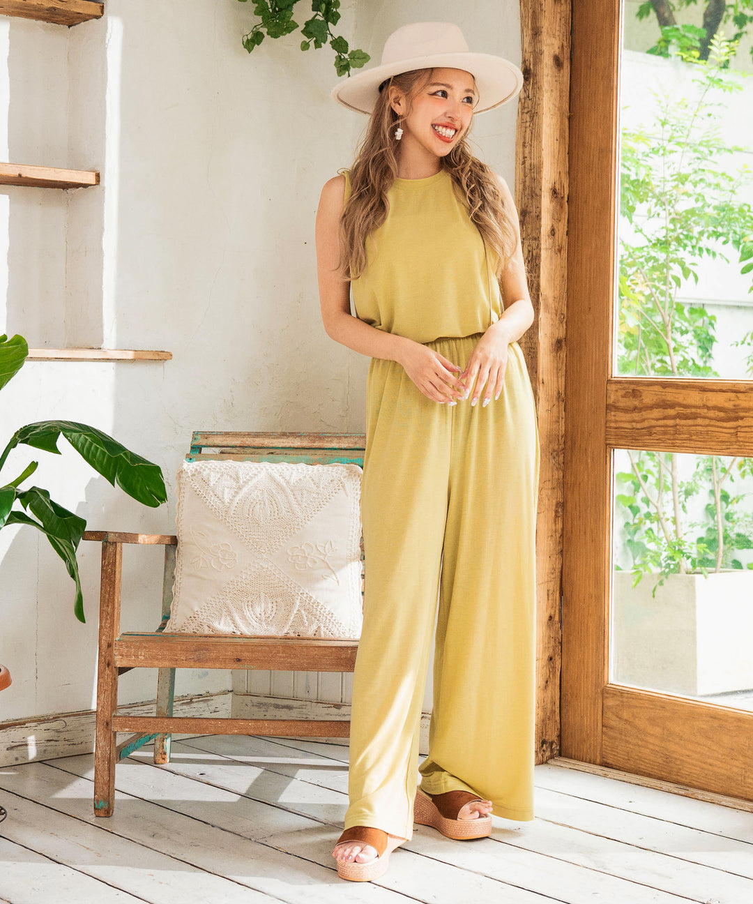 【セット】ノースリーブ トップス &amp; ギャザー リラックス ワイド パンツ カットソー セットアップ 858-5972