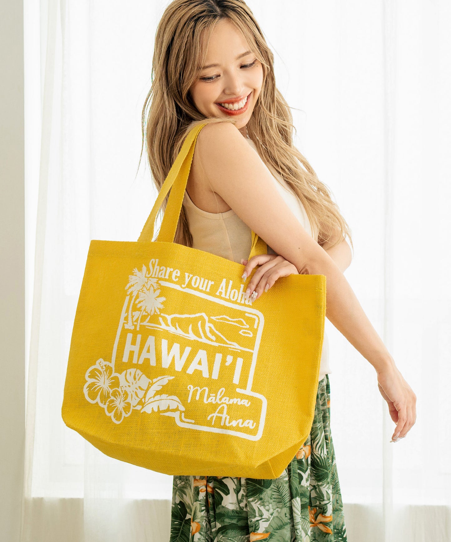 ハワイアン プリント ラージ ジュート トート バック 859-6001