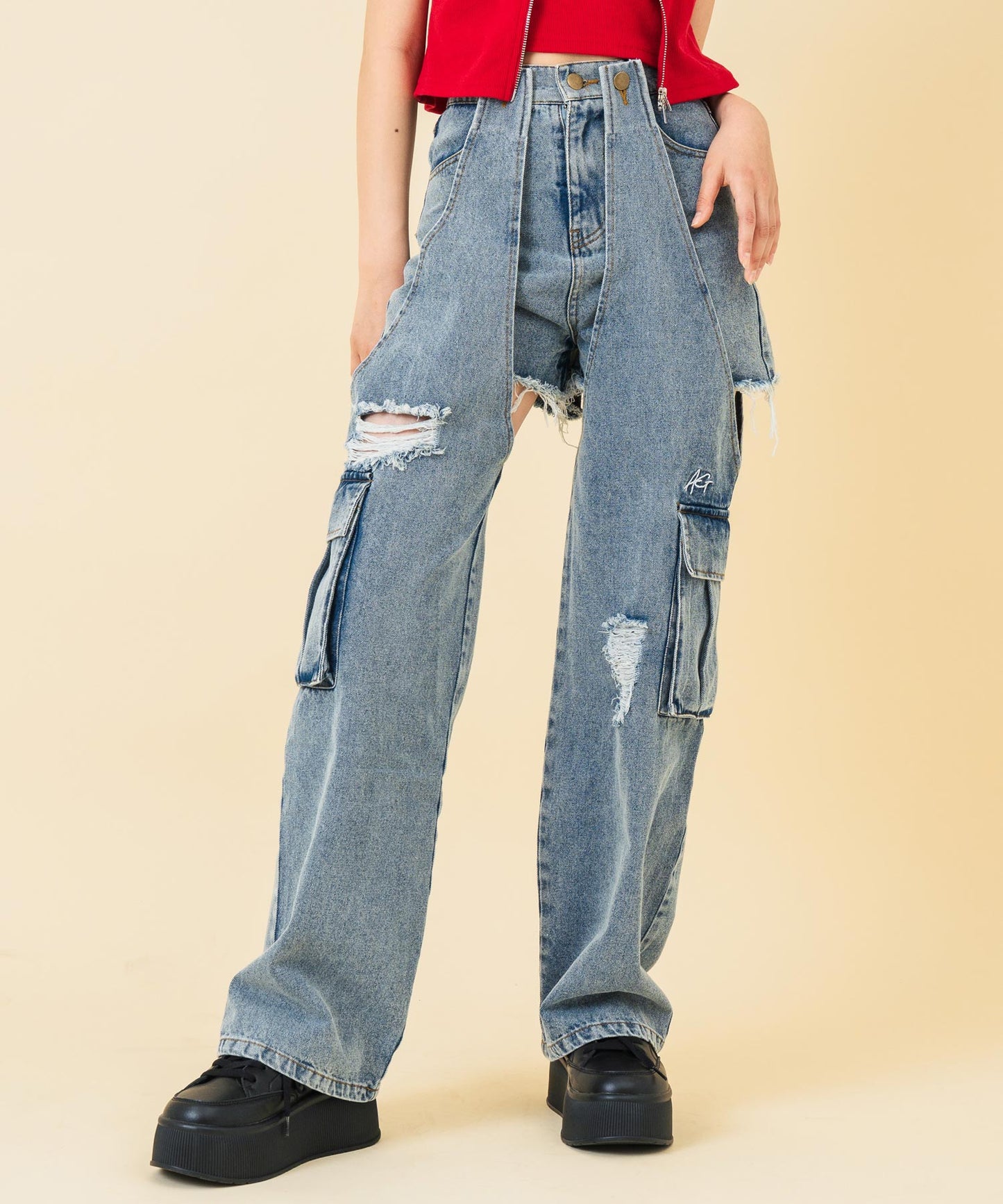 2WAY デザイン デニム ワイド パンツ 912-7603