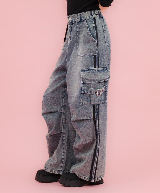 タック入り ライン デニム カーゴ パンツ 912-7861