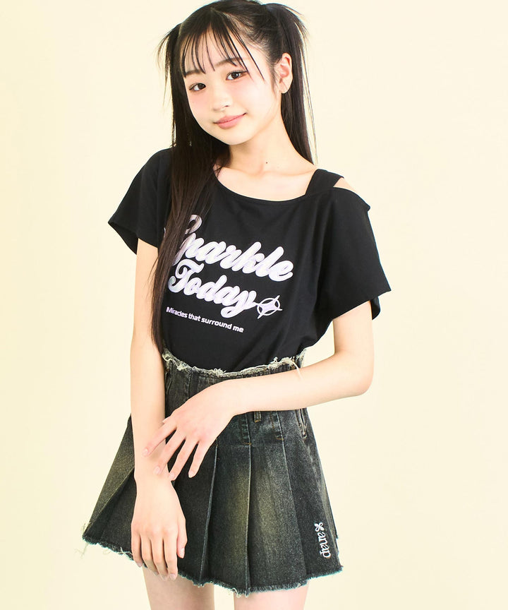 アシンメトリー 肩アキ オーロラワッペン Tシャツ トップス 【キッズお揃い】 913-7666