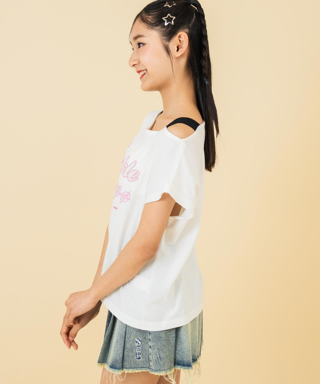 アシンメトリー 肩アキ オーロラワッペン Tシャツ トップス 【キッズお揃い】 913-7666