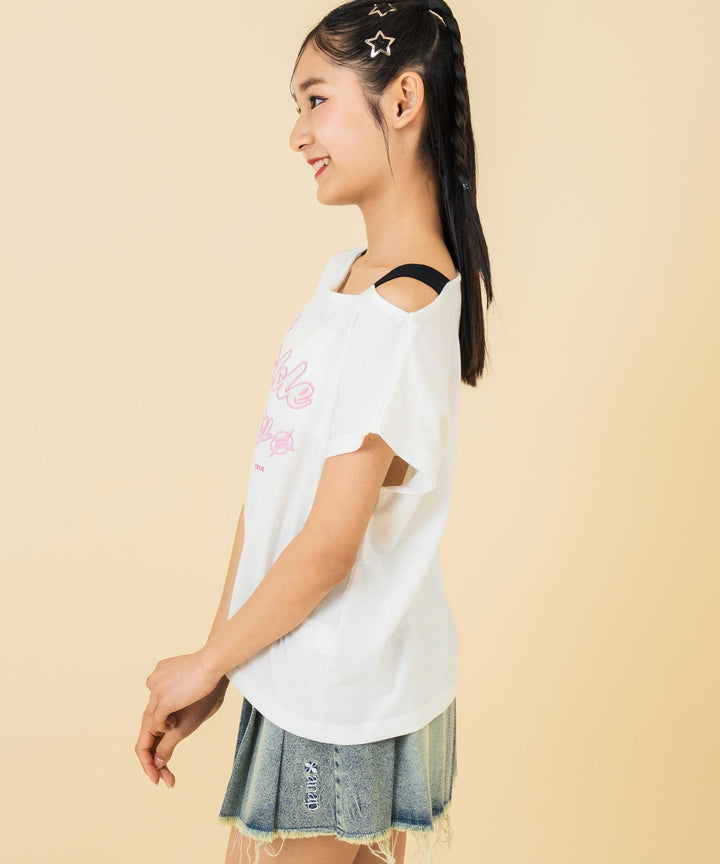 アシンメトリー 肩アキ オーロラワッペン Tシャツ トップス 【キッズお揃い】 913-7666