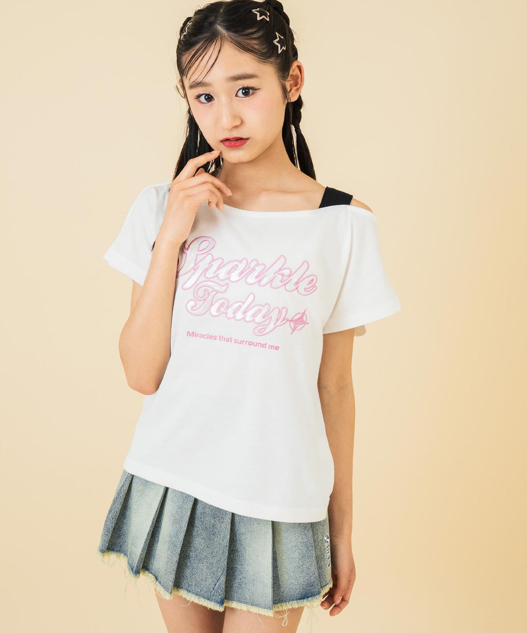 アシンメトリー 肩アキ オーロラワッペン Tシャツ トップス 【キッズお揃い】 913-7666