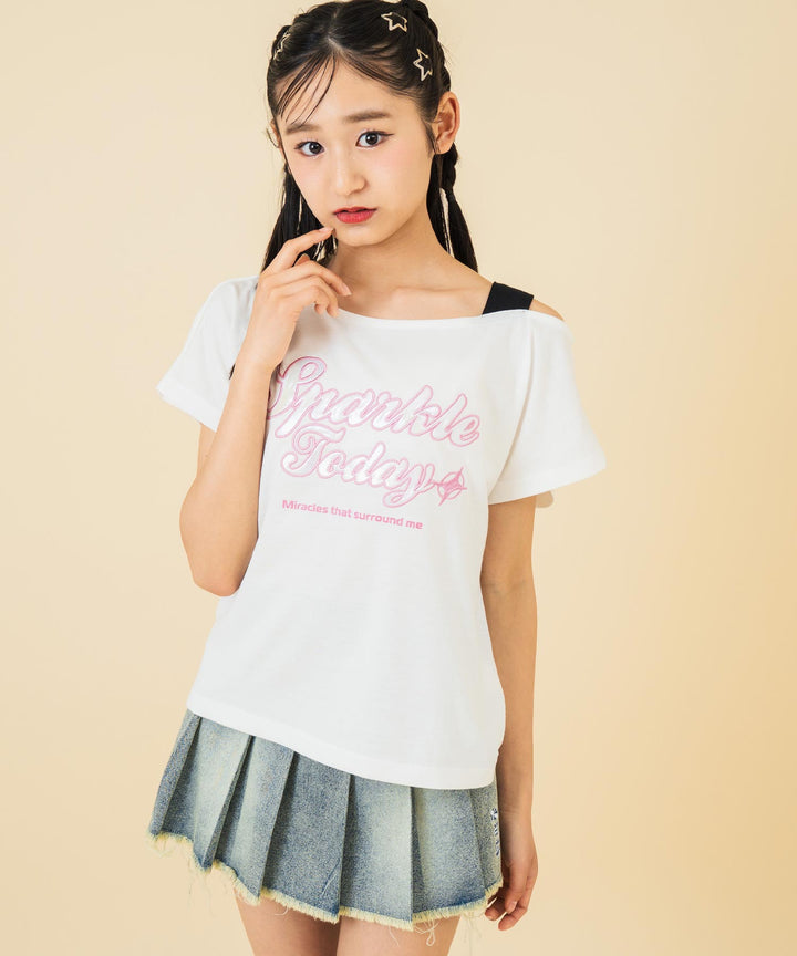 アシンメトリー 肩アキ オーロラワッペン Tシャツ トップス 【キッズお揃い】 913-7666