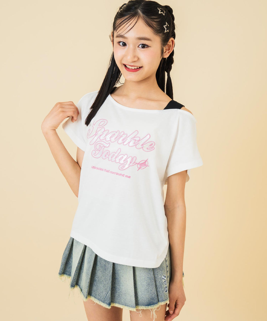 アシンメトリー 肩アキ オーロラワッペン Tシャツ トップス 【キッズお揃い】 913-7666