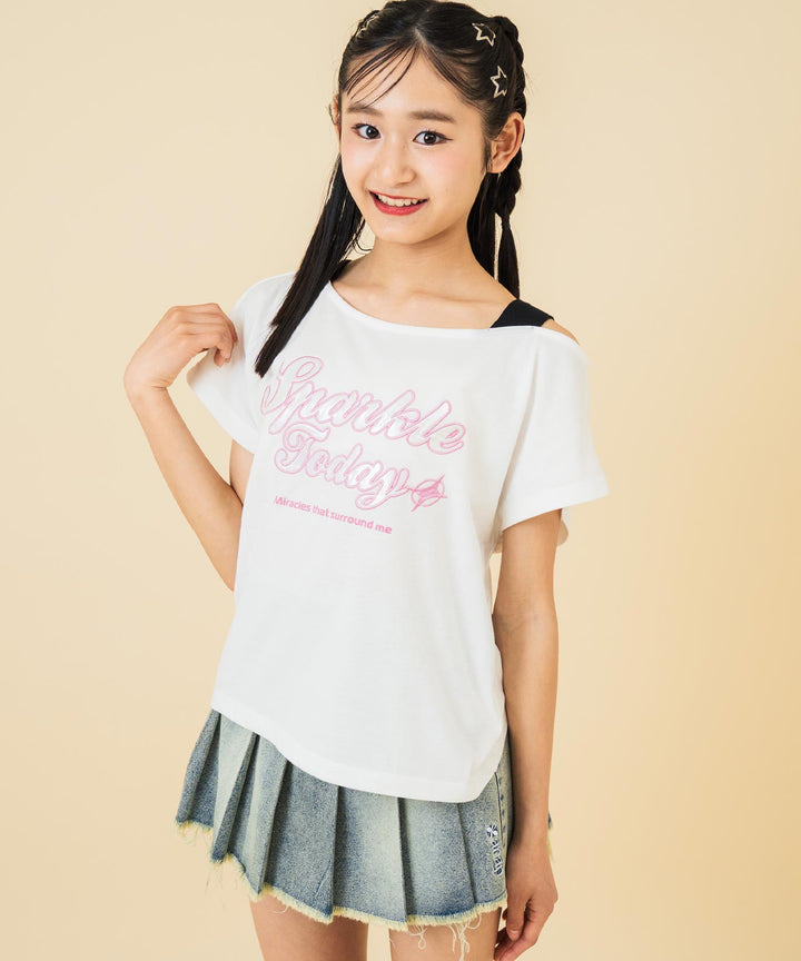 アシンメトリー 肩アキ オーロラワッペン Tシャツ トップス 【キッズお揃い】 913-7666