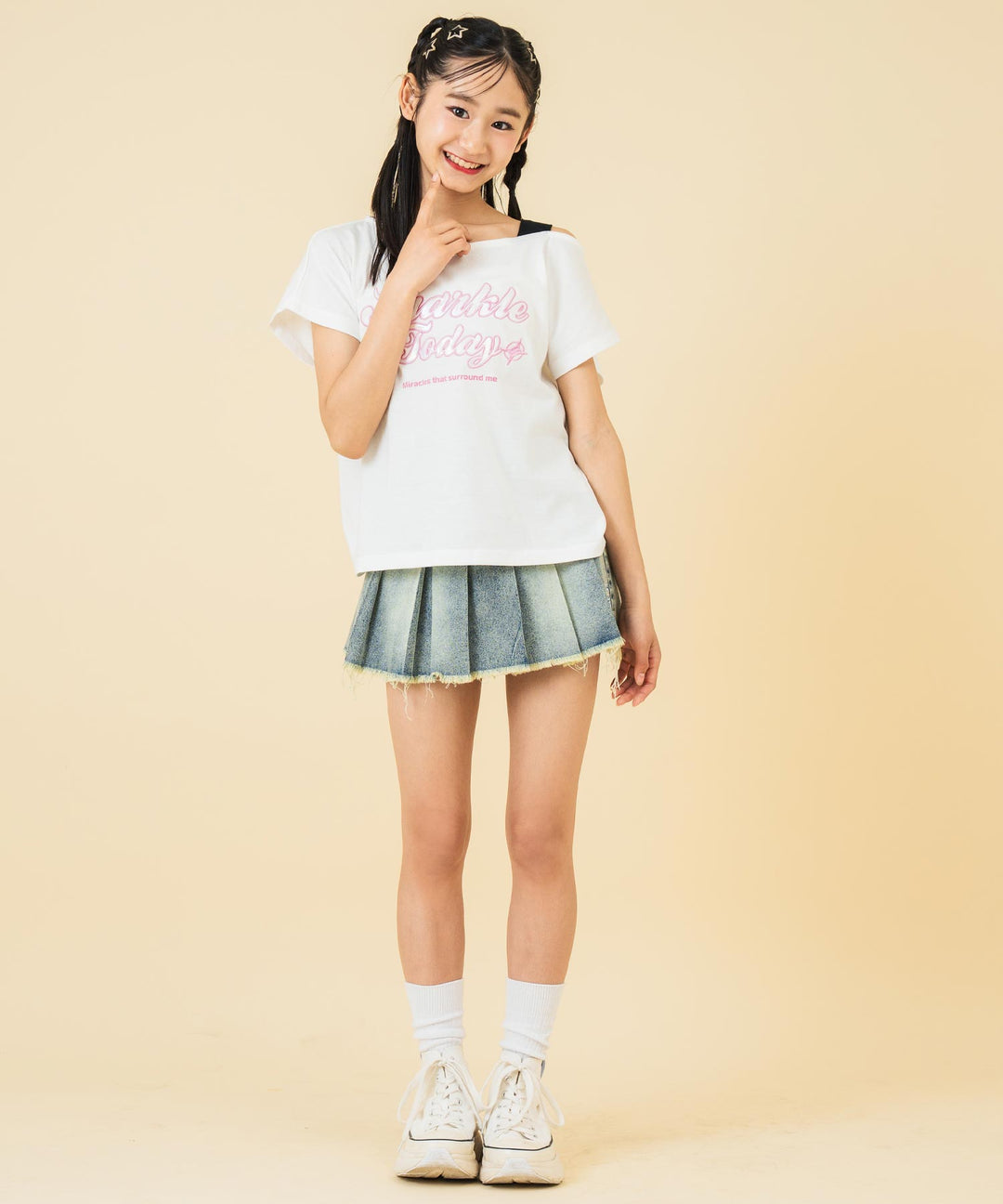 アシンメトリー 肩アキ オーロラワッペン Tシャツ トップス 【キッズお揃い】 913-7666
