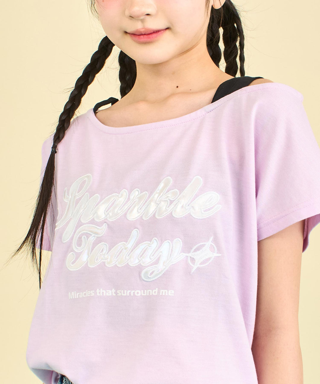 アシンメトリー 肩アキ オーロラワッペン Tシャツ トップス 【キッズお揃い】 913-7666