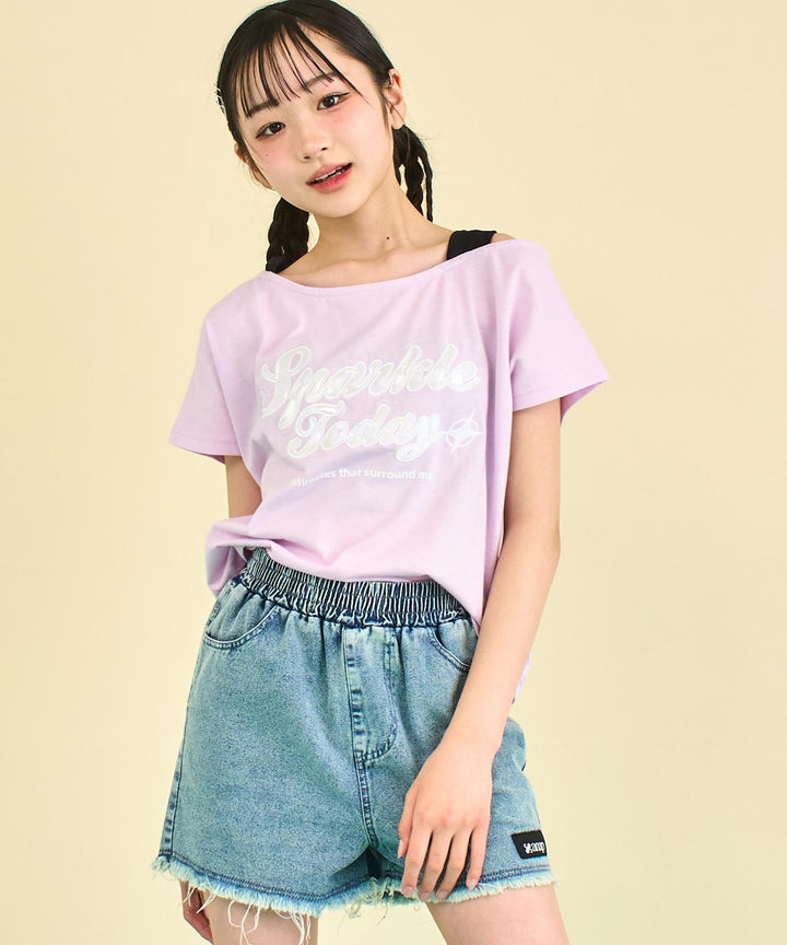 アシンメトリー 肩アキ オーロラワッペン Tシャツ トップス 【キッズお揃い】 913-7666