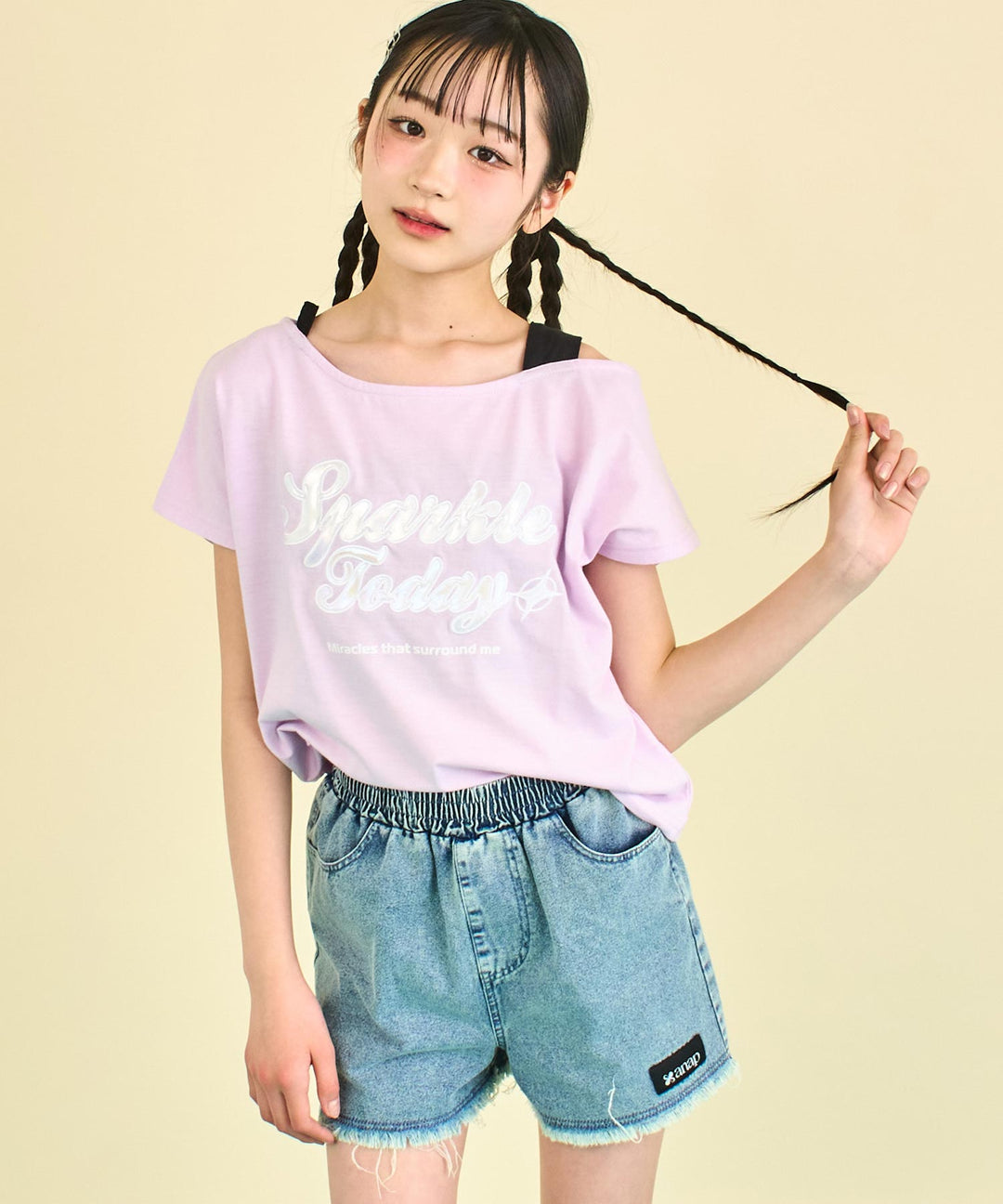 アシンメトリー 肩アキ オーロラワッペン Tシャツ トップス 【キッズお揃い】 913-7666