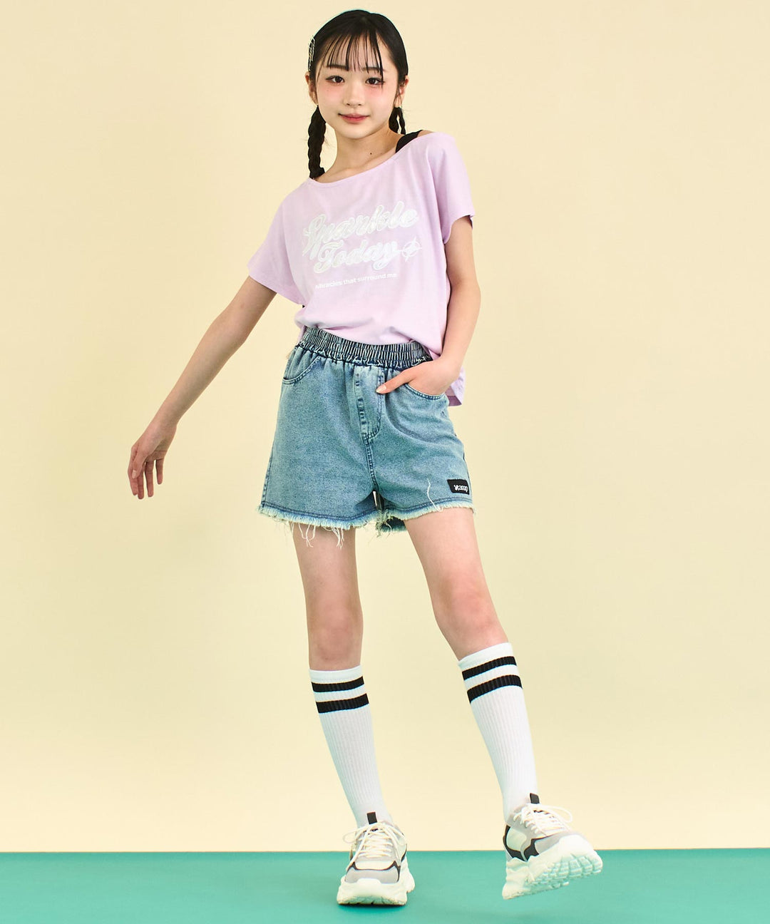 アシンメトリー 肩アキ オーロラワッペン Tシャツ トップス 【キッズお揃い】 913-7666