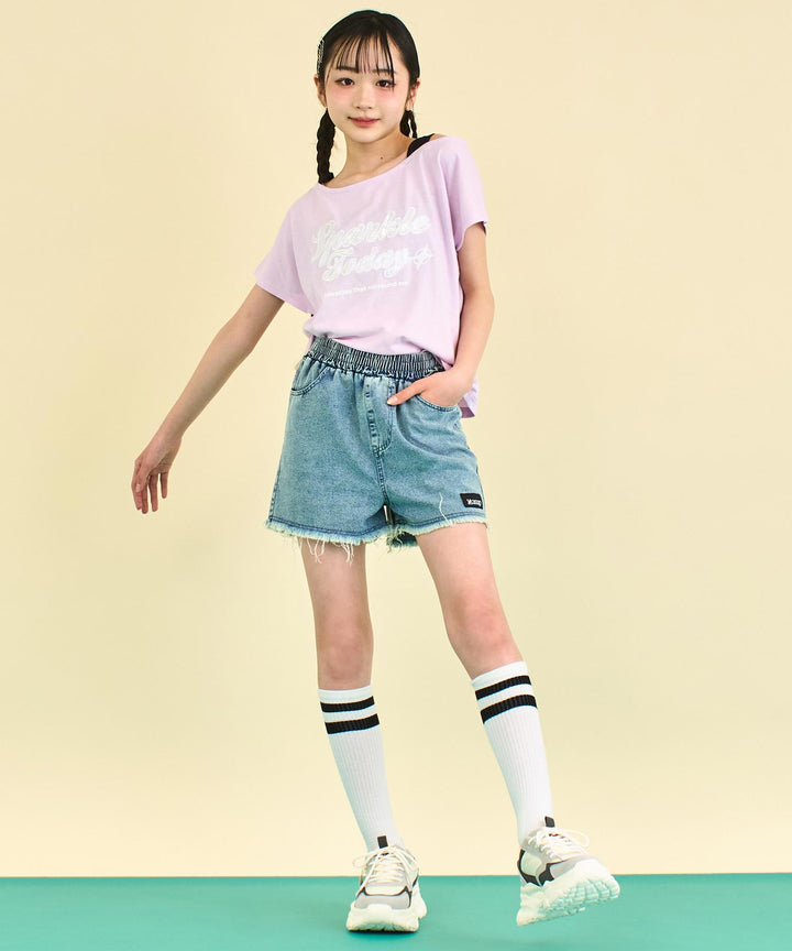 アシンメトリー 肩アキ オーロラワッペン Tシャツ トップス 【キッズお揃い】 913-7666