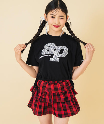 レース ワッペン付き サイド リボン Tシャツ トップス【キッズお揃い】 913-7671
