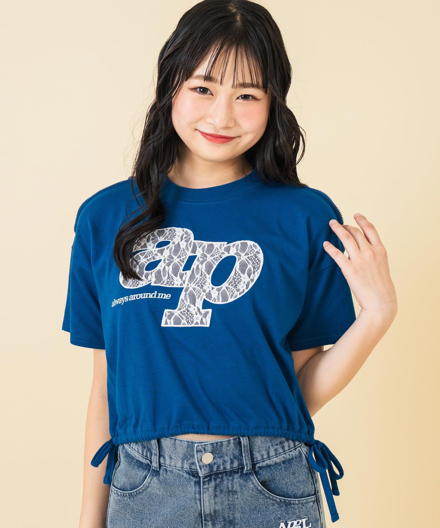 レース ワッペン付き サイド リボン Tシャツ トップス【キッズお揃い】 913-7671