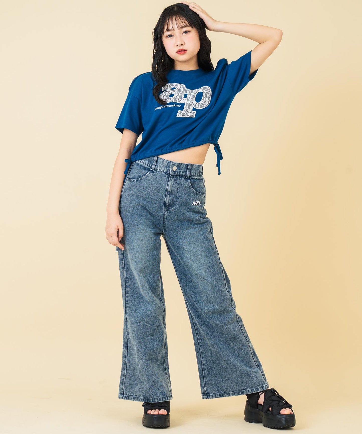 レース ワッペン付き サイド リボン Tシャツ トップス【キッズお揃い】 913-7671