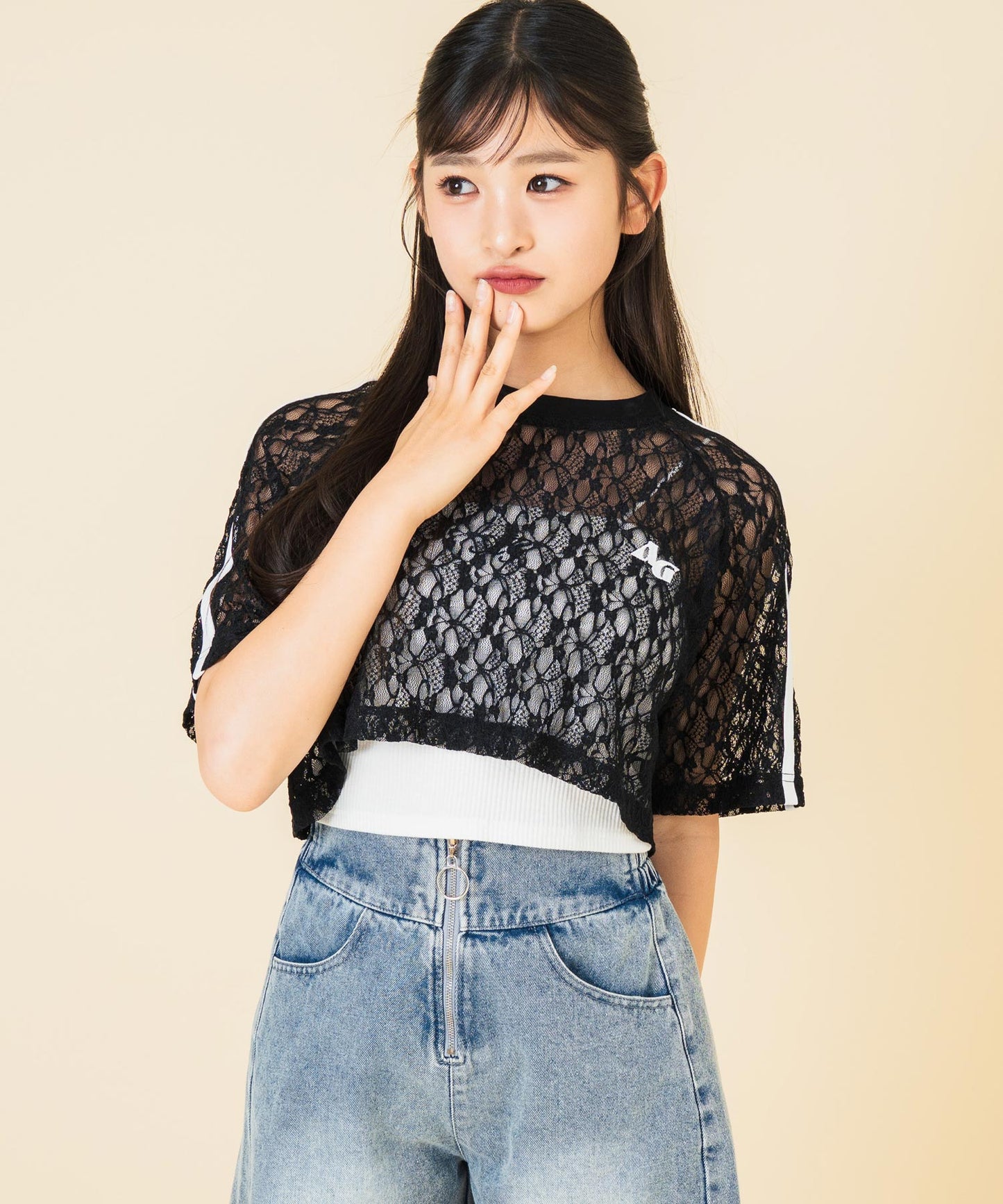 ライン入 レース クロップド トップス 913-7679