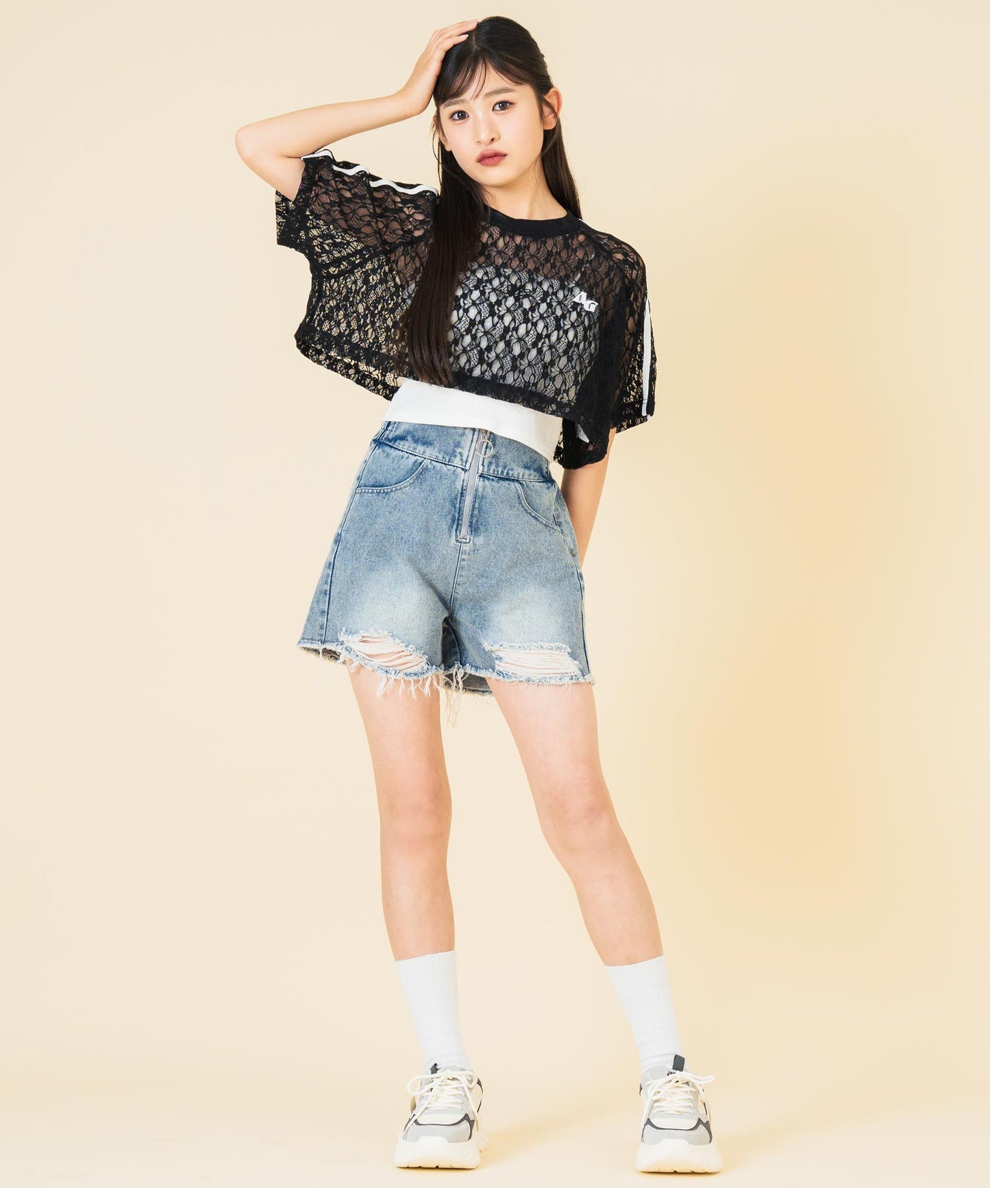 ライン入 レース クロップド トップス 913-7679