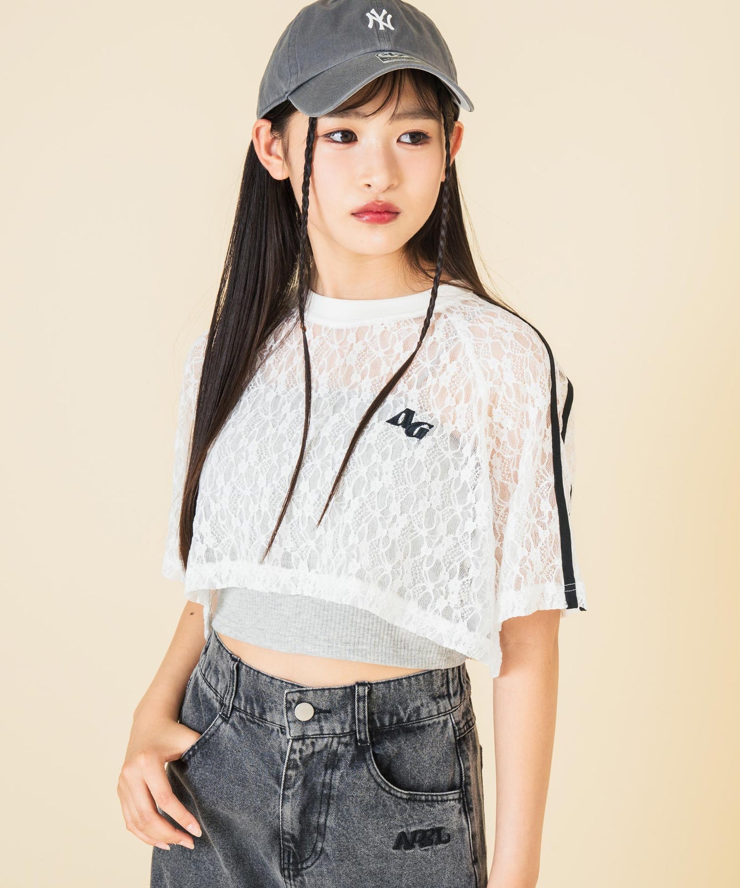 ライン入 レース クロップド トップス 913-7679