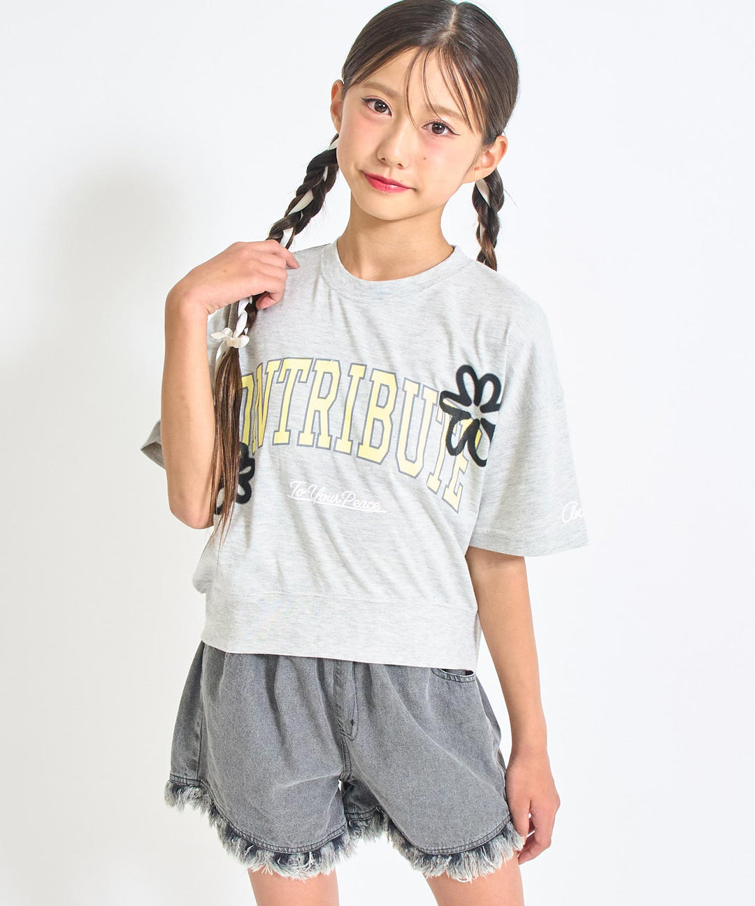カレッジ フラワー スプレー クロップド Tシャツ 【キッズお揃い】 913-7713