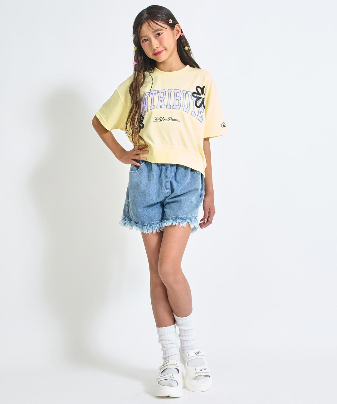 カレッジ フラワー スプレー クロップド Tシャツ 【キッズお揃い】 913-7713