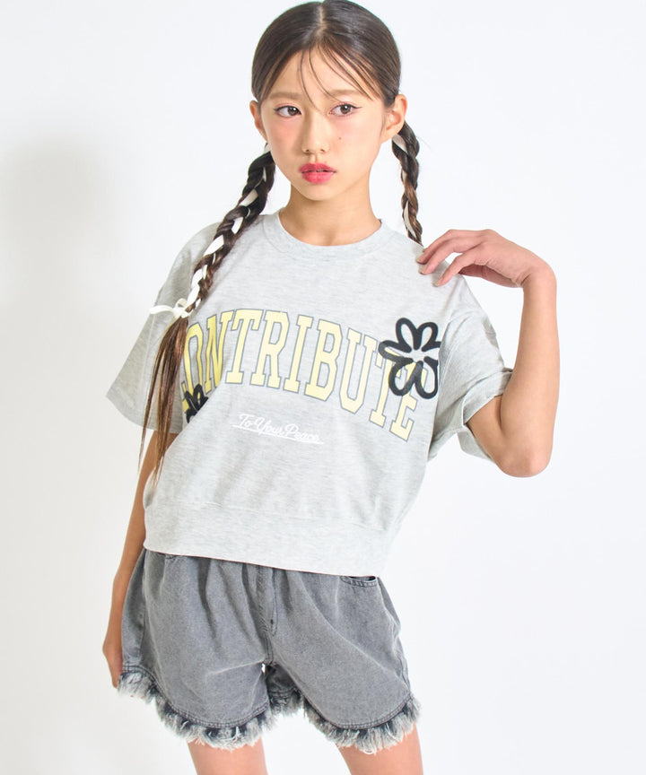 カレッジ フラワー スプレー クロップド Tシャツ 【キッズお揃い】 913-7713