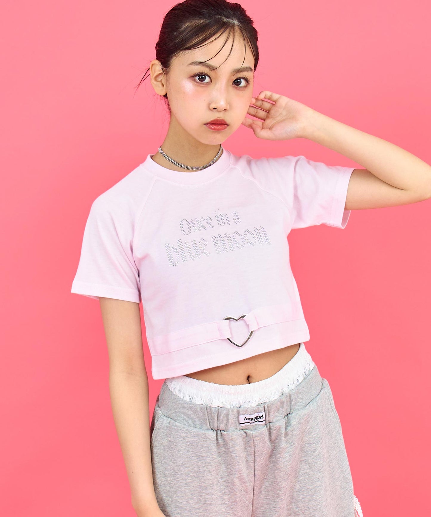 ANAPR+S ハート バックル付 ラインストーン ミニ トップス Tシャツ 913-7723