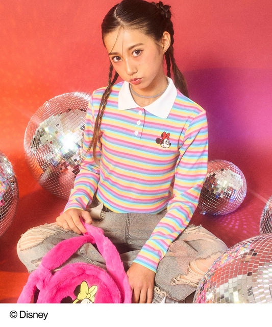 【Disney】＜Minnie＞ ANAP GiRL マルチボーダー柄 ポロ衿 リブ トップス 913-7735