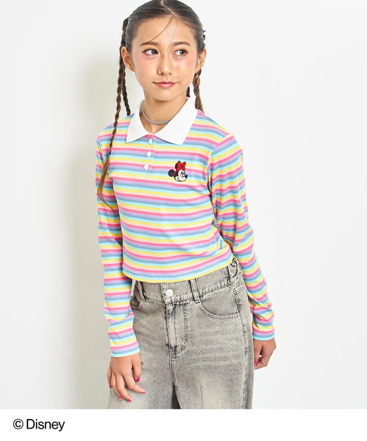 【Disney】＜Minnie＞ ANAP GiRL マルチボーダー柄 ポロ衿 リブ トップス 913-7735