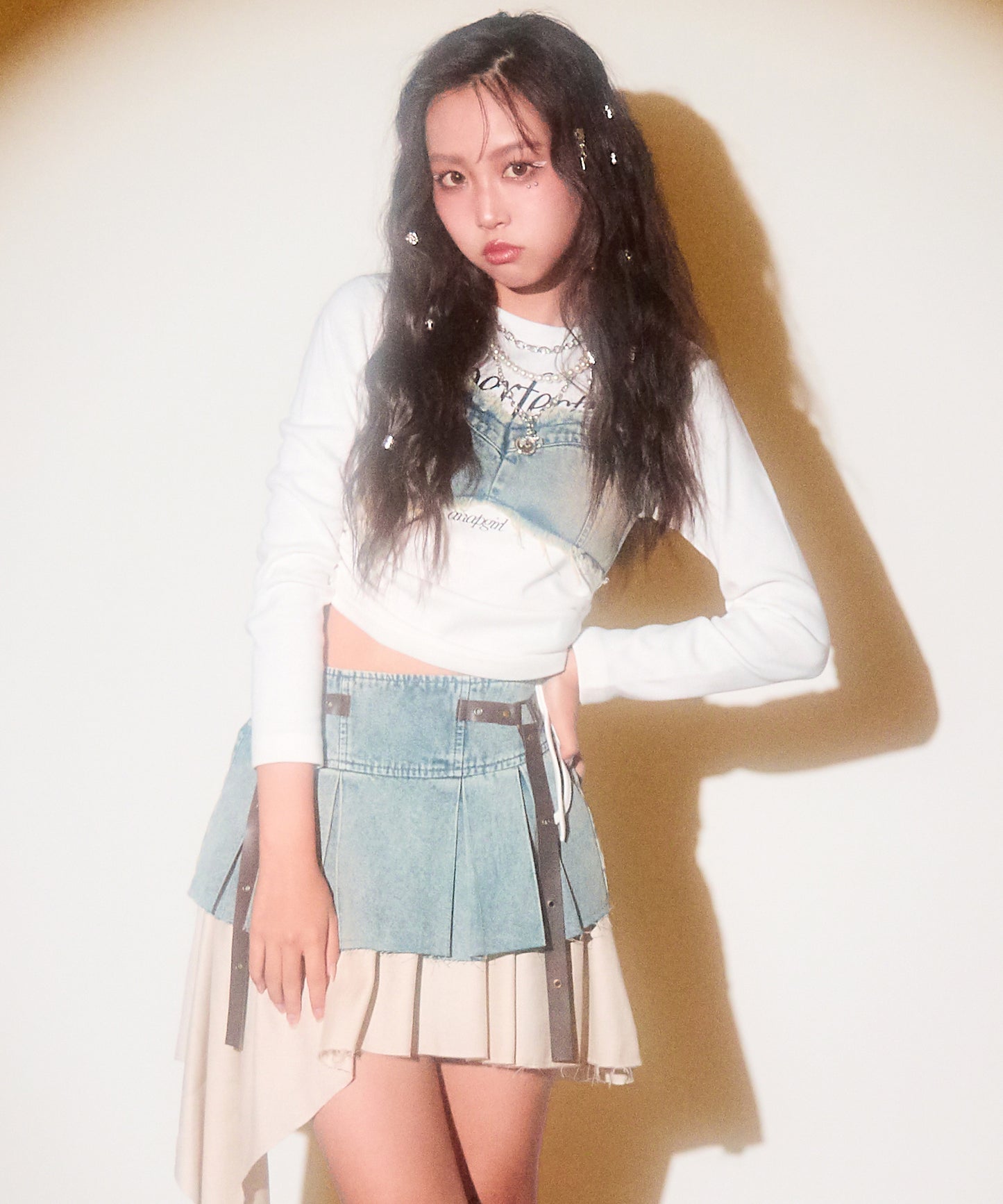 デニム ビスチェ風 シャーリングトップス【キッズお揃い】 913-7788