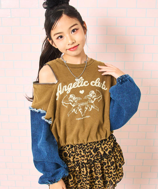 エンジェル プリント袖 デニム 切り替え スウェット 913-7813