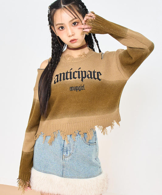 ダメージ クロップド ジップショルダー ニット トップス 913-7814