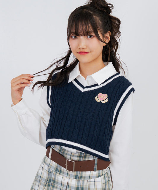 刺繡入 ライン ショート ニット ベスト 913-7849