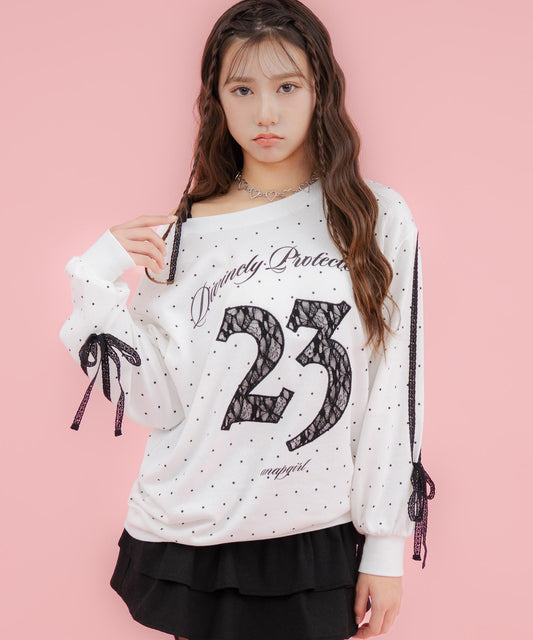 前後 2WAY ワンショル見え レースナンバリング トップス スウェット  913-7854