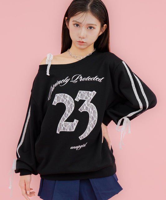 前後 2WAY ワンショル見え レースナンバリング トップス スウェット  913-7854