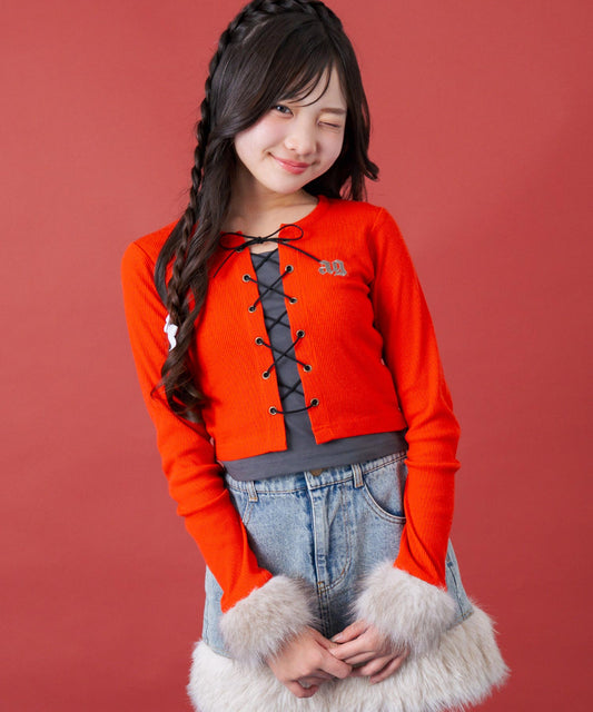 袖ファー付 スピンドル レイヤード リブ トップス 913-7874