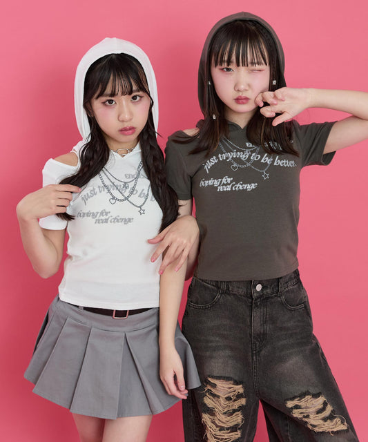 フェイクネックレス プリント 肩アキ フーディー Tシャツ 913-7924