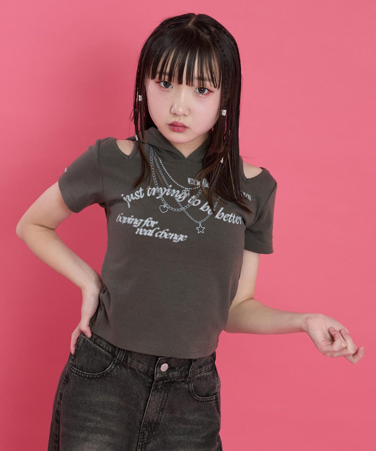 フェイクネックレス プリント 肩アキ フーディー Tシャツ 913-7924