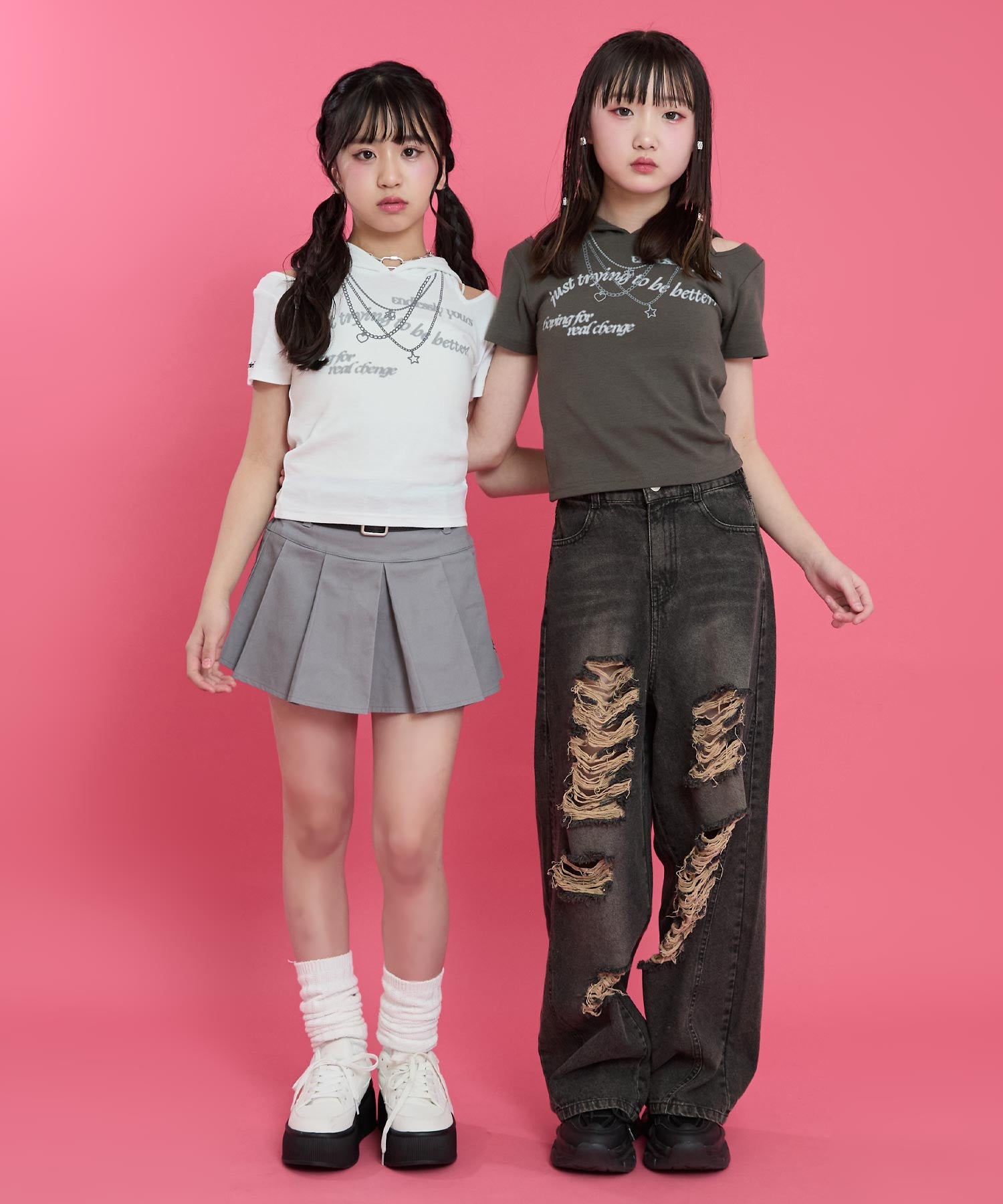 フェイクネックレス プリント 肩アキ フーディー Tシャツ 913-7924