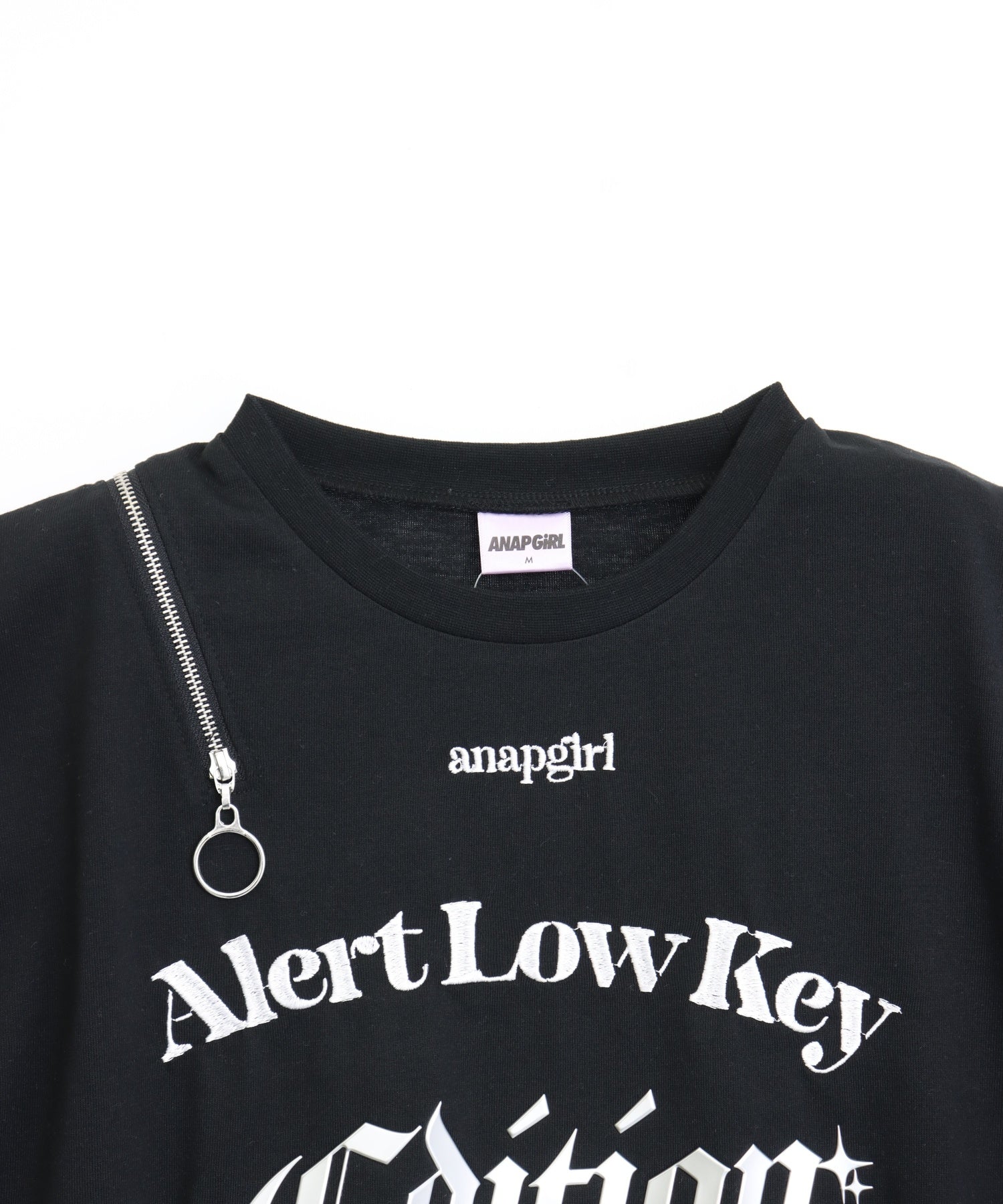 メタルシルバープリント 肩ジップ クロップド Tシャツ トップス 913