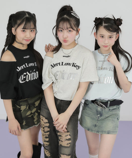 メタルシルバープリント 肩ジップ クロップド Tシャツ トップス 913-7927