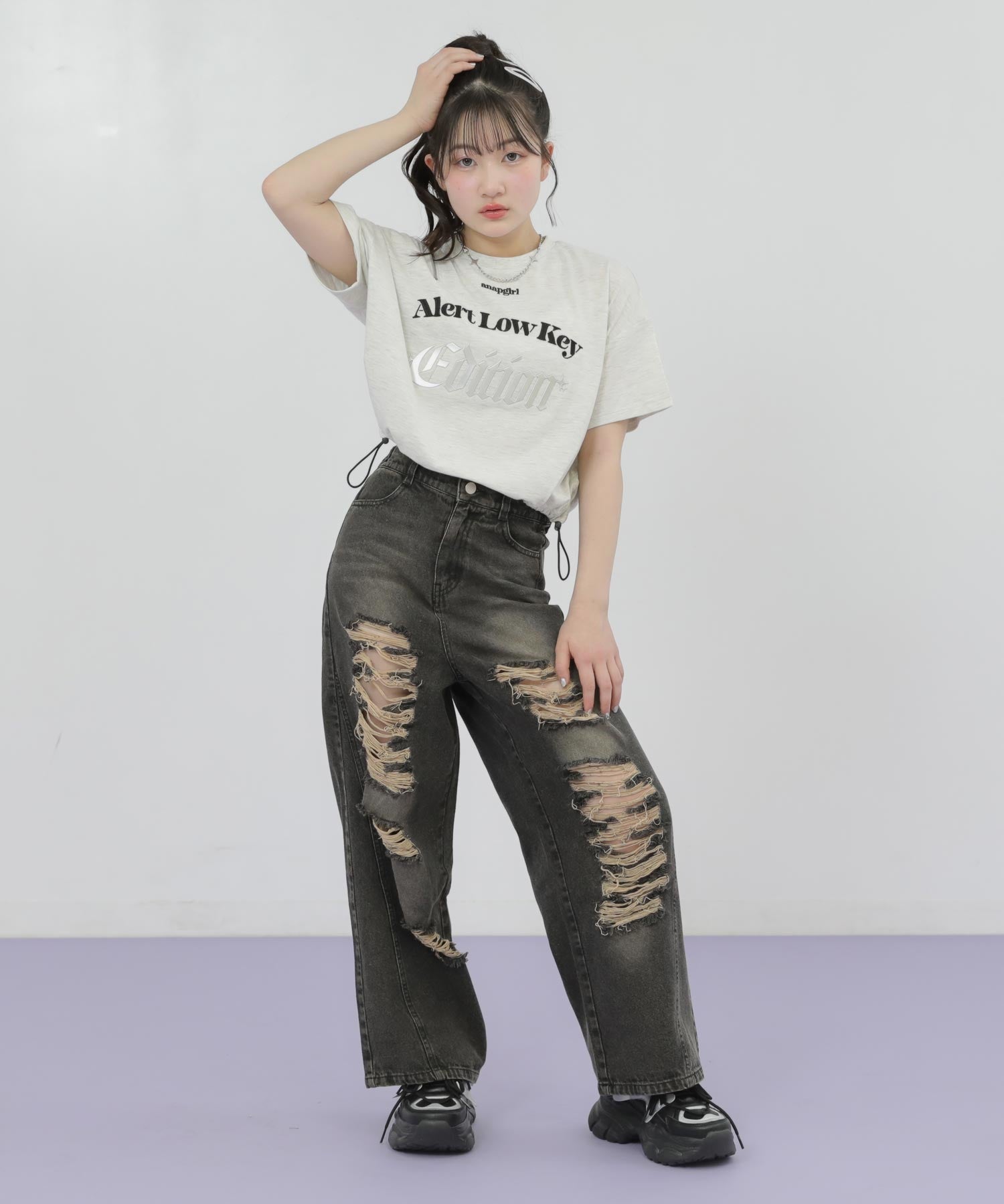 メタルシルバープリント 肩ジップ クロップド Tシャツ トップス 913