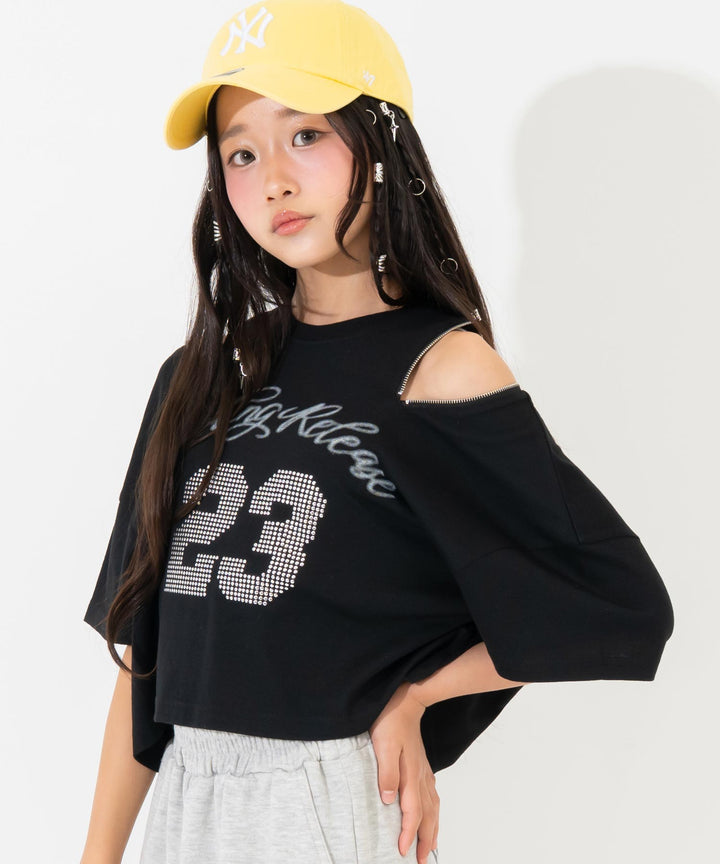 肩ジップ スタッズ ロゴTシャツ 913-7971