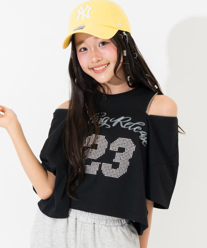 肩ジップ スタッズ ロゴTシャツ 913-7971